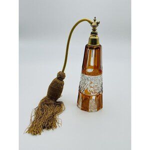 Vtg Cut To Clear Amber Crystal Glass Perfume Bottle Atomizer